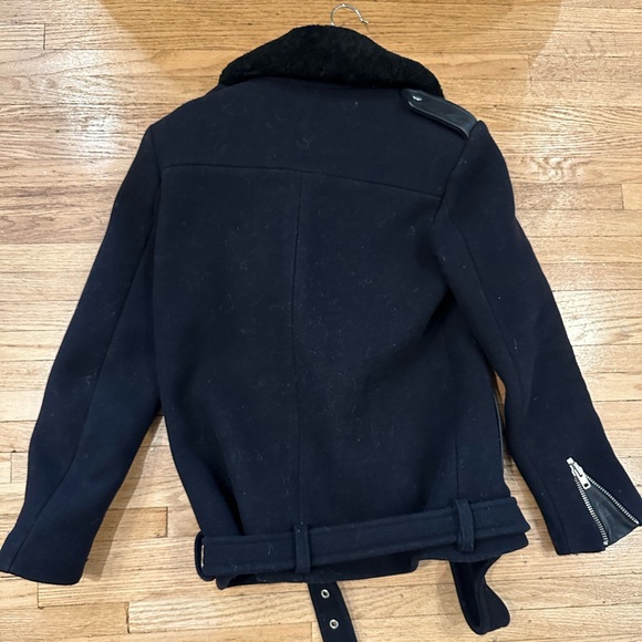 Sandro motorcycle coat with removable shearling collar 36/ small navy blue - Picture 2 of 3